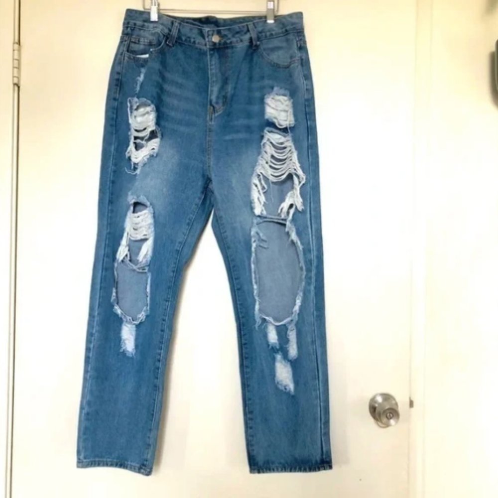 Sold SHEIN Ripped/Distressed High Waisted Medium Wash Denim Jeans- Siz 0XL - Picture 1 of 5